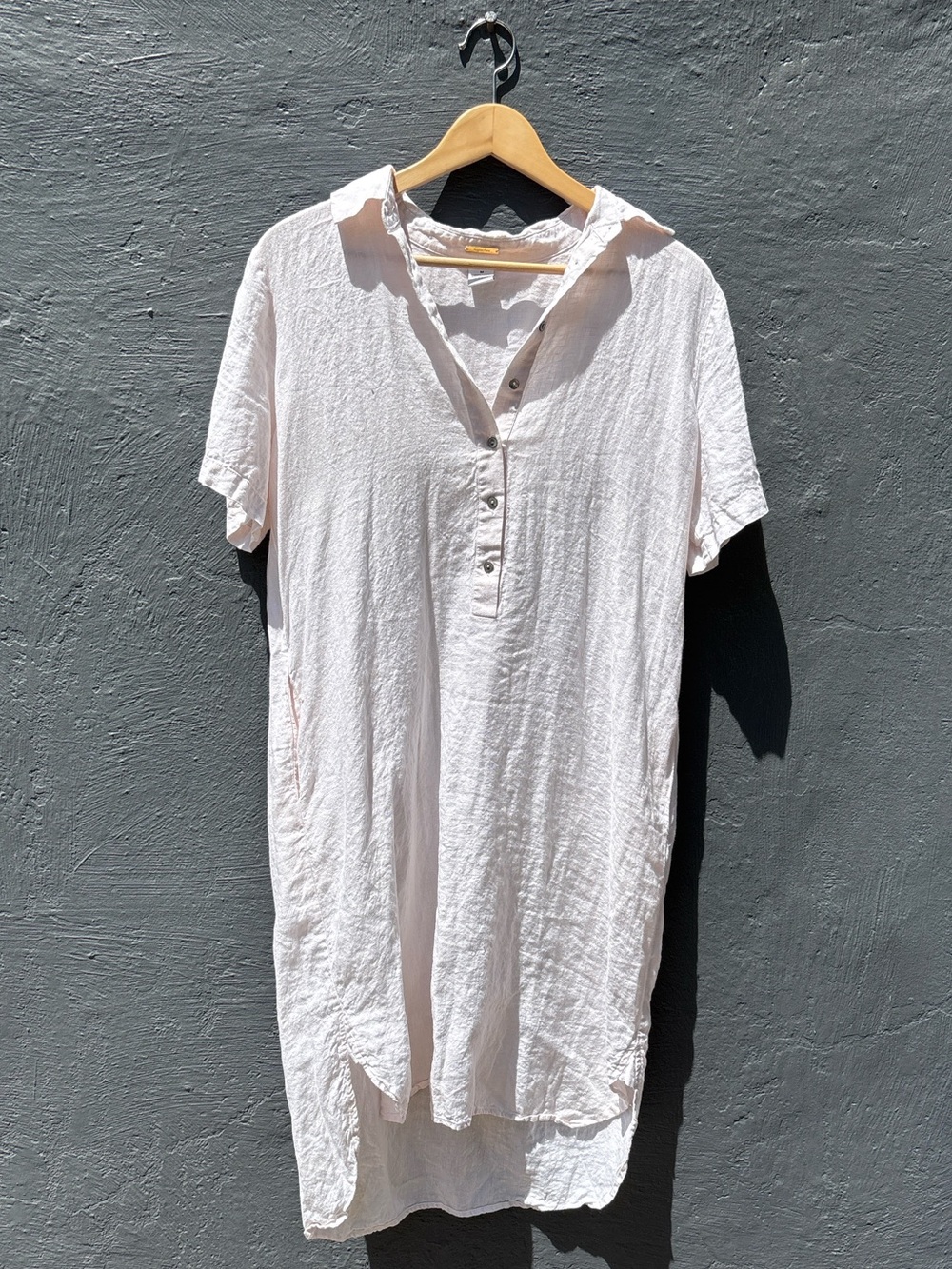 European Summer Magaschoni 100% Linen Shirt Dress Pink High Low Pockets Medium